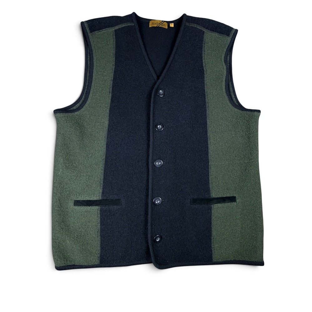 Modango Mens 100% Wool Colorblock Vest Black Olive Green Size M V-Neck Button Up
